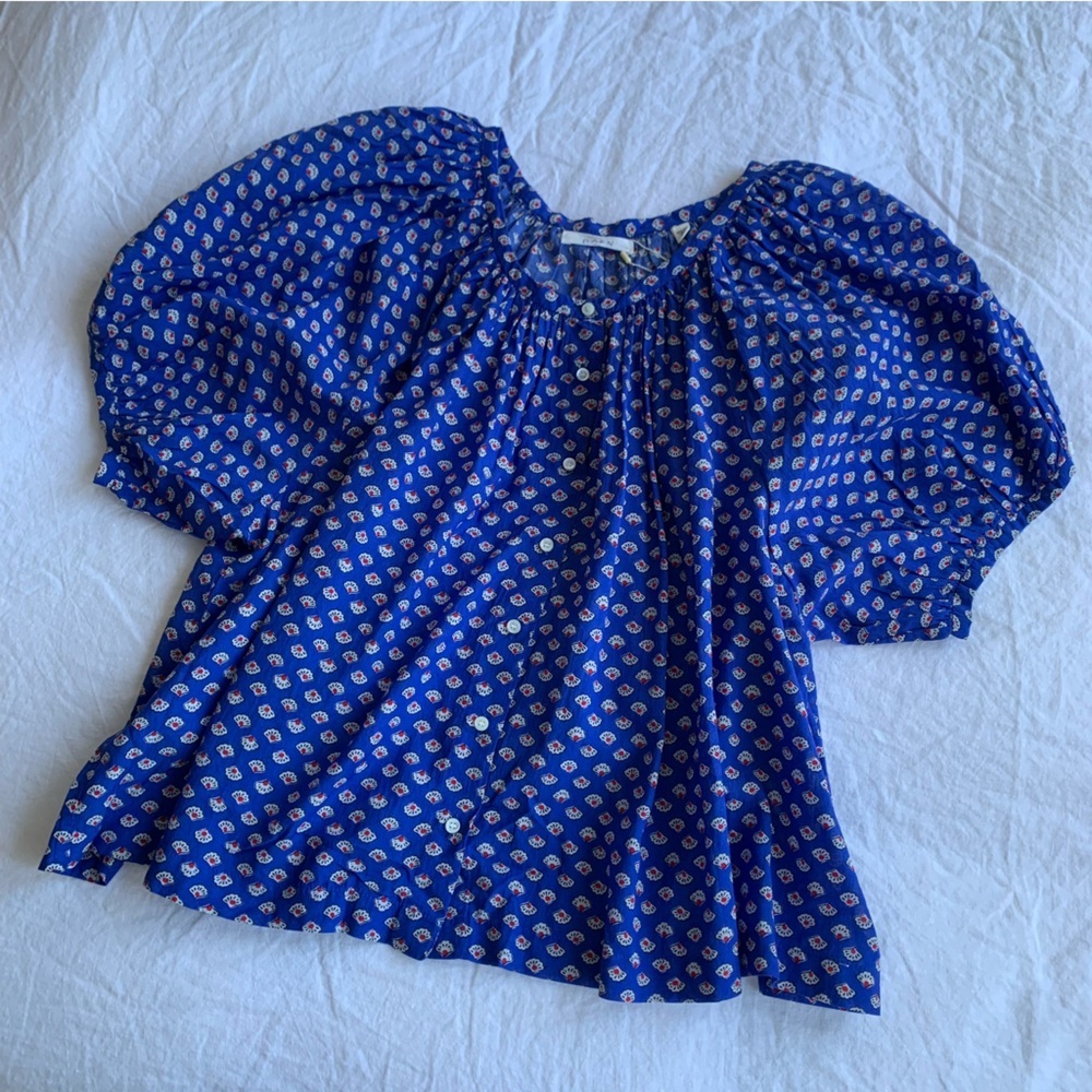 NWT Doen June Cotton Crew Neck Puff Short Sleeve Blouse Top Bord De Mer Blue - Picture 2 of 6